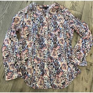 Zac & Rachel Top Blouse Long Sleeves Roll Tab Button Up Floral Size Large
